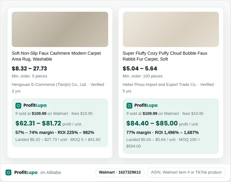 Alibaba suppliers with ProfitLupa's landed cost, profit per unit, margin and ROI