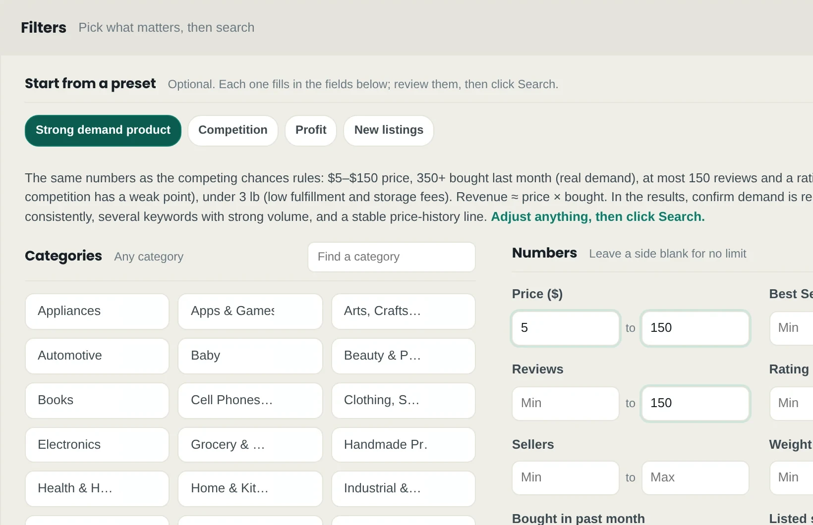 The product database filters: presets, categories with product counts, and number ranges