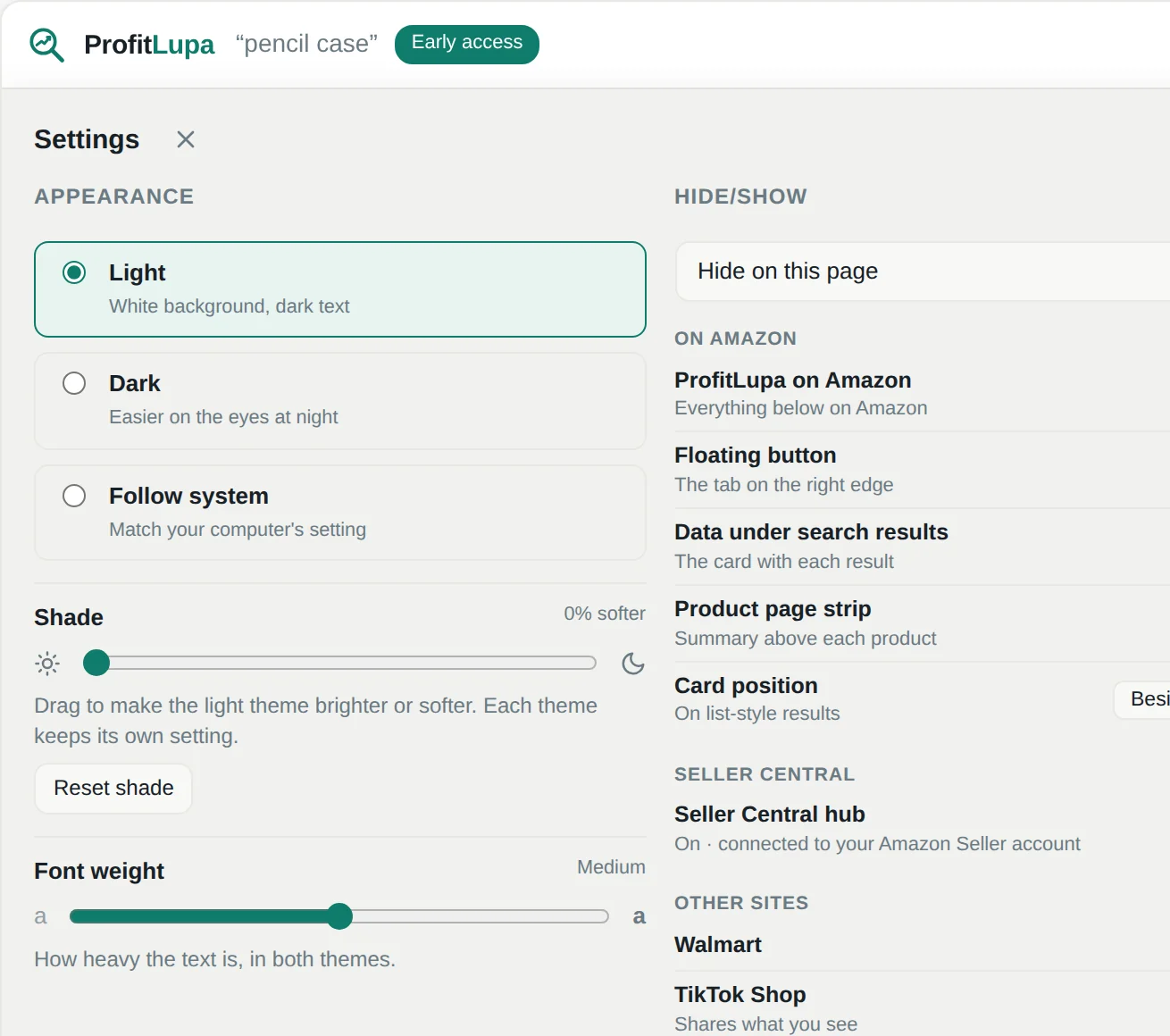 ProfitLupa settings: appearance, hide and show switches for every part, window and account